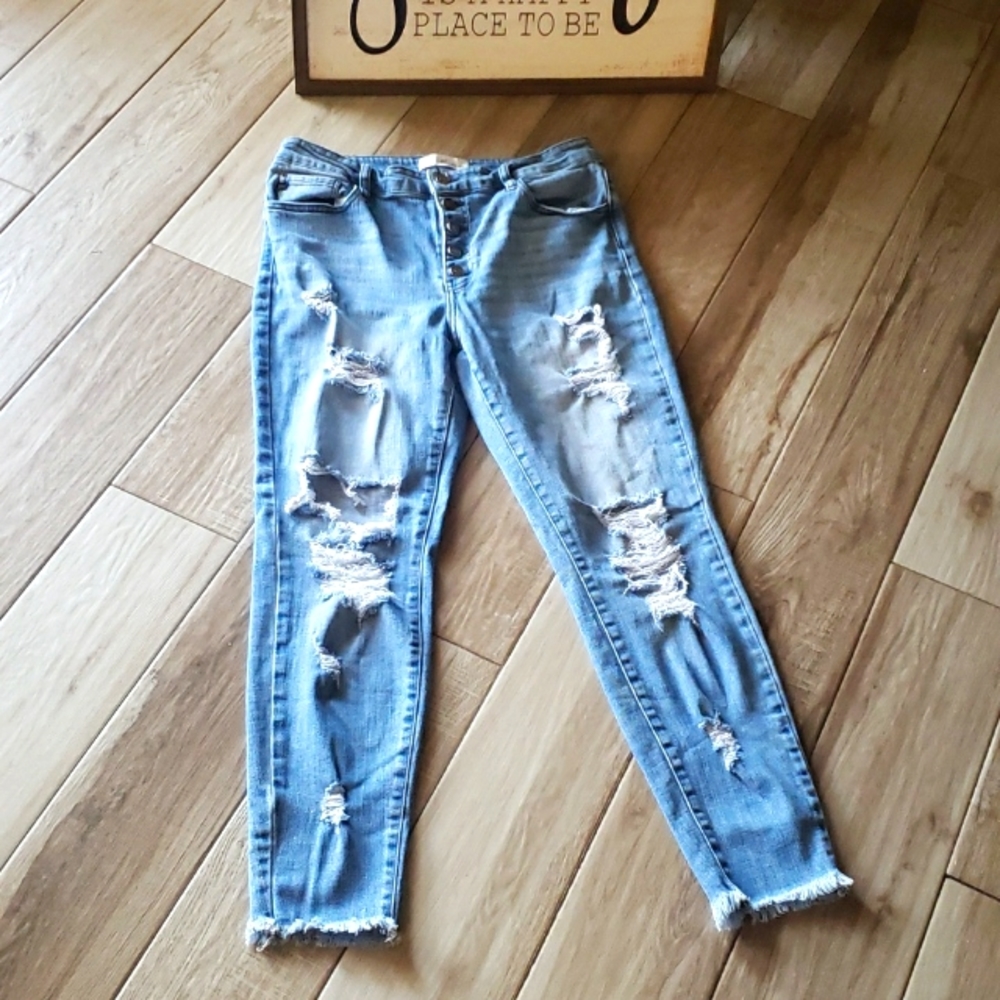 KANCAN - WOMEN'S HIGH RISE BUTTON FLY DISTRESSED SUPER SKINNY JEANS - KC7310